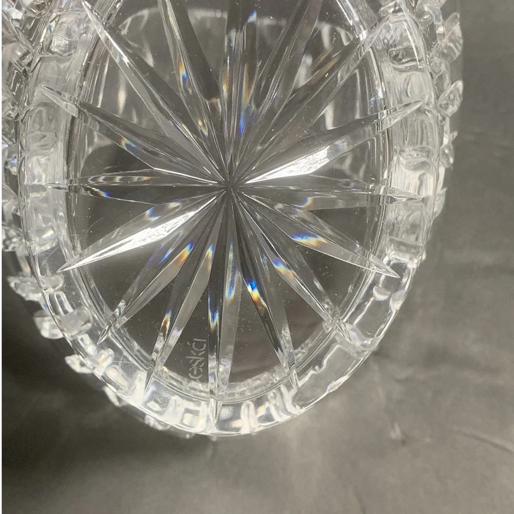 Ceska Lead Crystal Basket Hand Cut Glass Starburst Base Clear Decorative Bowl